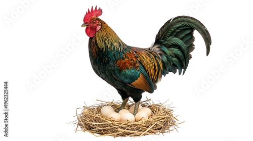 Rooster with red comb and colorful feathers on a nest of eggs, isolated on transparent background