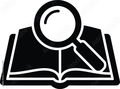 Vector illustration of magnifying glass on open book for research and analysis