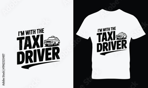 White tshirt with black imprint of taxi driver slogan and car