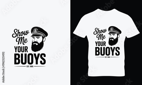White tshirt with black nautical captain and text t-shirt