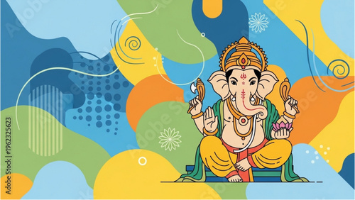Illustration of Lord Ganesha sitting on colorful patterns and designs