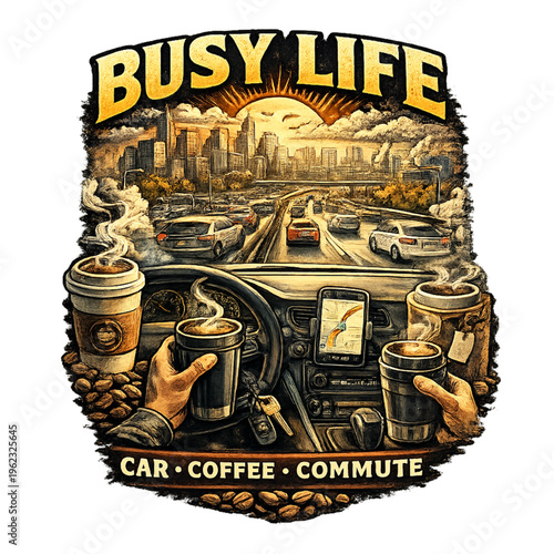 busy life, car coffee commute, daily routine aesthetic, morning rush vibes, commuter lifestyle design, coffee on the go, driving to work scene, urban life hustle, relatable daily grind, tired but prod