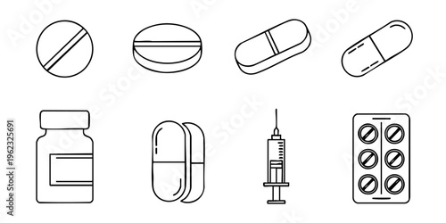 Medical illustration of various pharmaceutical objects including pills and a syringe
