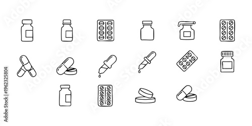 The illustration shows various medicine and pill icons on a white background.