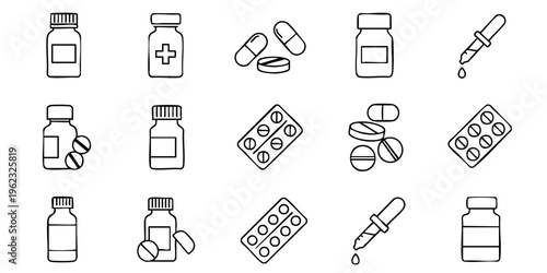 An illustration of various medicine bottles and pills arranged on a surface.