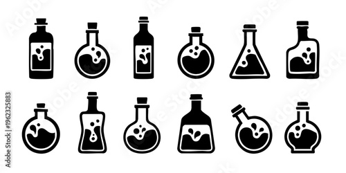 Various laboratory equipment containing substances on a table indoors