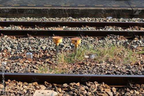 Εκτύπωση καμβά Industrial railway track details with grass and gravel buildup