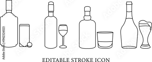 Beverage Drink Glass and Bottle Outline Line Icon Vector for Bar Menu Design, beverage icon, drink icon, glass icon