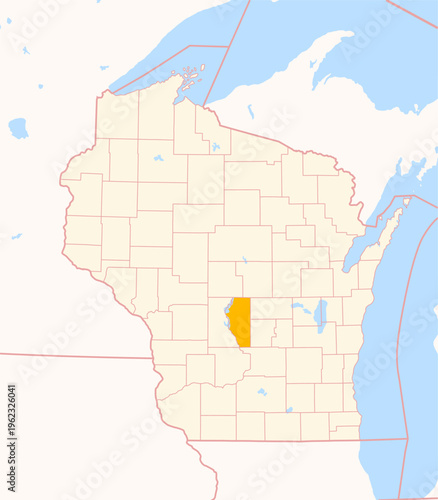 Map of the County Adams (Wisconsin, US) showing the Federal State with the highlighted County
