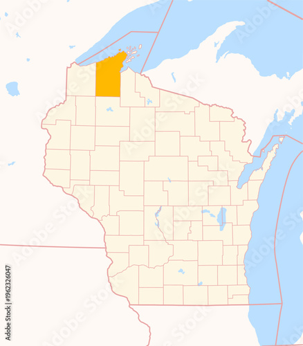 Map of the County Bayfield (Wisconsin, US) showing the Federal State with the highlighted County