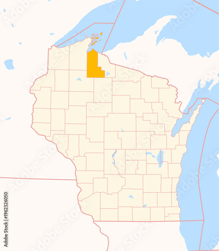 Map of the County Ashland (Wisconsin, US) showing the Federal State with the highlighted County