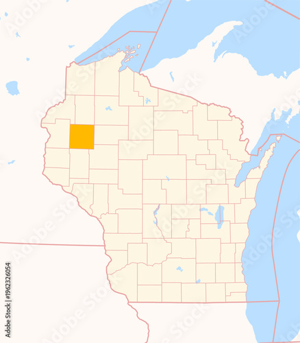 Map of the County Barron (Wisconsin, US) showing the Federal State with the highlighted County