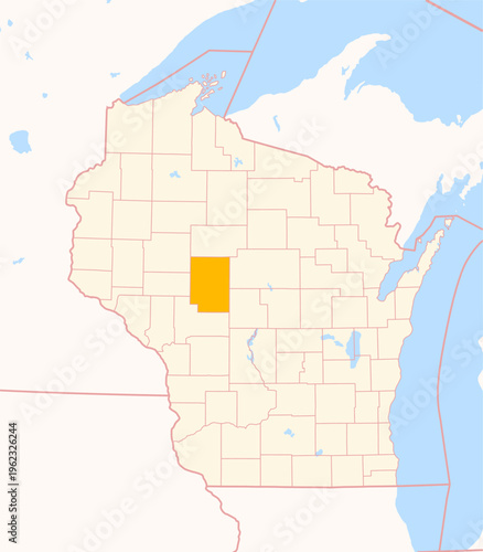 Map of the County Clark (Wisconsin, US) showing the Federal State with the highlighted County