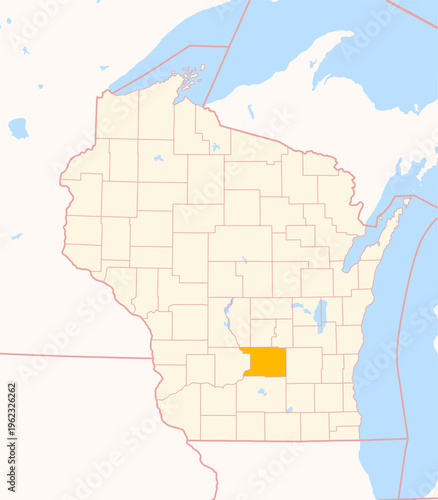 Map of the County Columbia (Wisconsin, US) showing the Federal State with the highlighted County