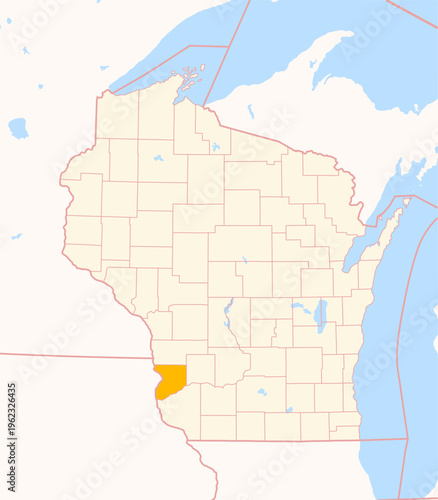 Map of the County Crawford (Wisconsin, US) showing the Federal State with the highlighted County