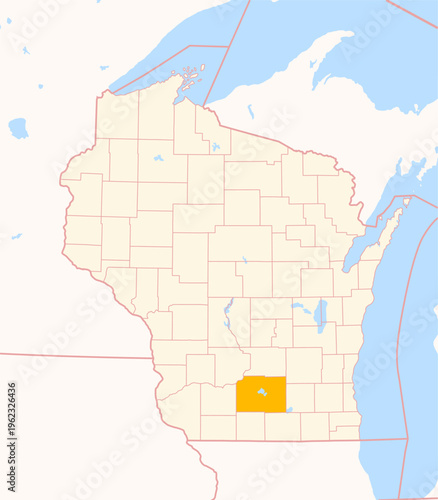Map of the County Dane (Wisconsin, US) showing the Federal State with the highlighted County