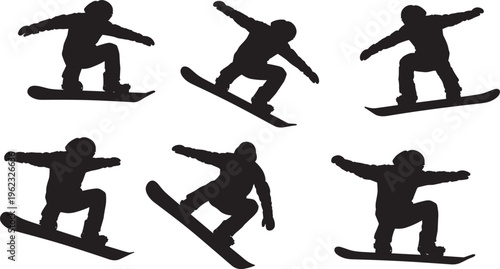 Cad drawing flat vector illustration of snowboarding silhouette set with extreme athletes jumping and performing tricks on snowboards isolated on white background winter sports