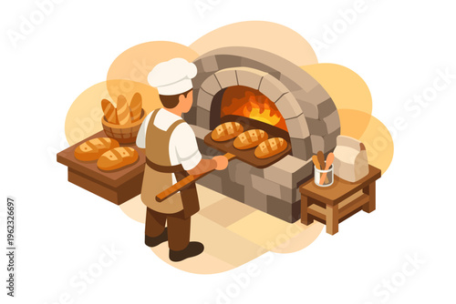 Baker placing bread into a stone oven with fresh loaves nearby.