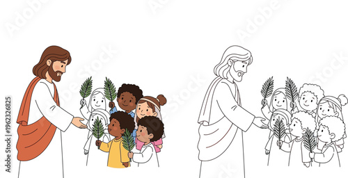 Jesus interacting with a diverse group of children holding palm leaves, depicting a religious and joyful scene.