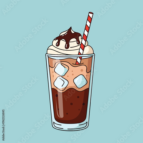 A cartoon illustration of an iced coffee drink with whipped cream, chocolate drizzle, ice cubes, and a striped straw on a pastel blue background