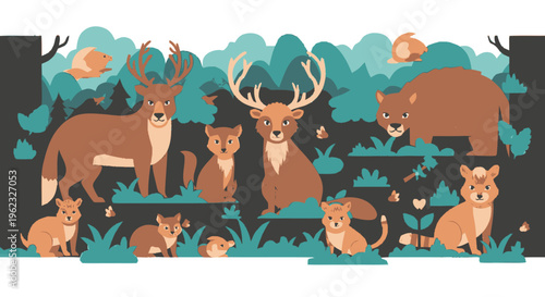 A charming illustration of various forest animals in a whimsical setting.