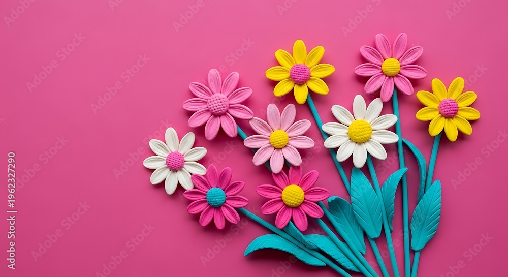 Fototapeta premium A Bunch Of Colorful Plastic Flowers On Pink Background For Decoration