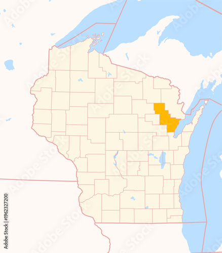 Map of the County Oconto (Wisconsin, US) showing the Federal State with the highlighted County