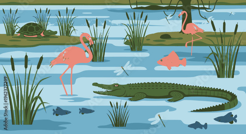 Alligator and Flamingo in a Swamp Habitat.