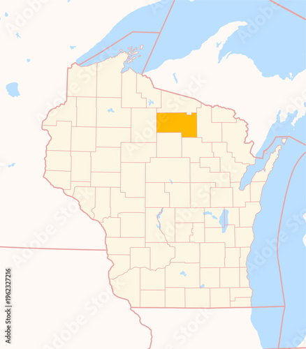 Map of the County Oneida (Wisconsin, US) showing the Federal State with the highlighted County