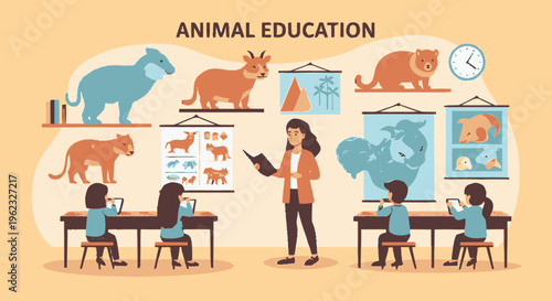 Animal Education Classroom Scene with Teacher and Students.