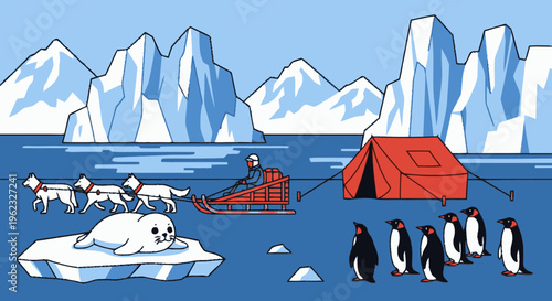 Arctic Expedition Scene with Animals and Tent.