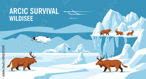 Arctic Wildlife Survival Scene with Reindeer and Arctic Fox.