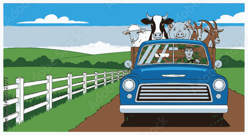 Blue Truck Transporting Cows on Rural Road.