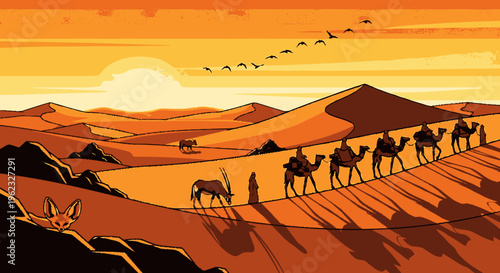 Caravan of camels walking through desert landscape at sunset.