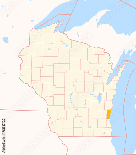 Map of the County Ozaukee (Wisconsin, US) showing the Federal State with the highlighted County
