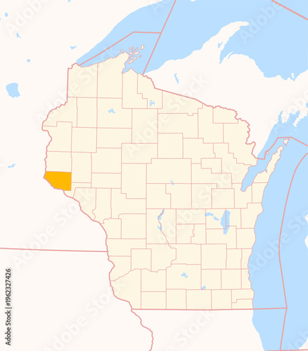 Map of the County Pierce (Wisconsin, US) showing the Federal State with the highlighted County