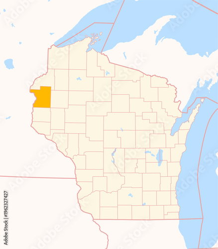 Map of the County Polk (Wisconsin, US) showing the Federal State with the highlighted County