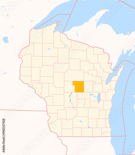 Map of the County Portage (Wisconsin, US) showing the Federal State with the highlighted County