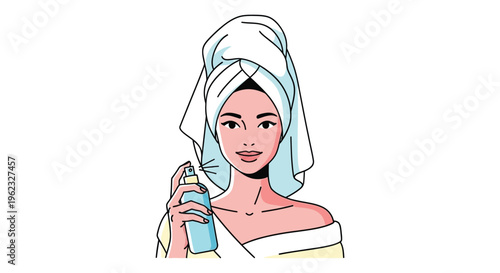 Woman with towel on head holding bottle in pastel colors minimalist illustration for beauty product advertising