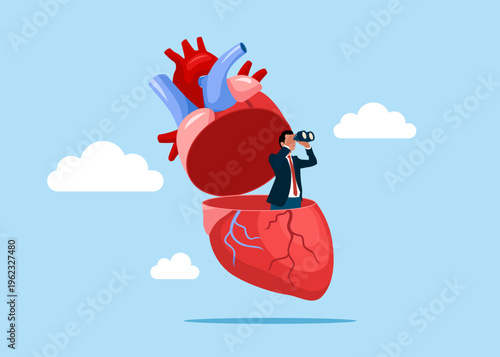 Entrepreneur open heart using binoculars to see business vision. Donor search. Flat vector illustration