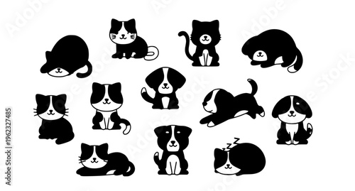 Cute pastel pets vector collection with cats and dogs in playful poses minimalist kids illustration set