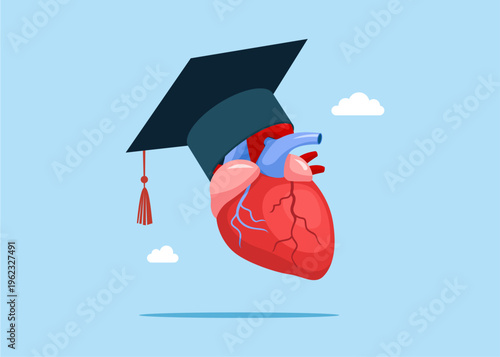 Human heart in an academic hat. Graduation. Graduation hat. Mortar board. Vector flat illustration