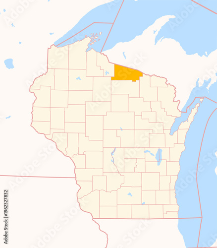 Map of the County Vilas (Wisconsin, US) showing the Federal State with the highlighted County