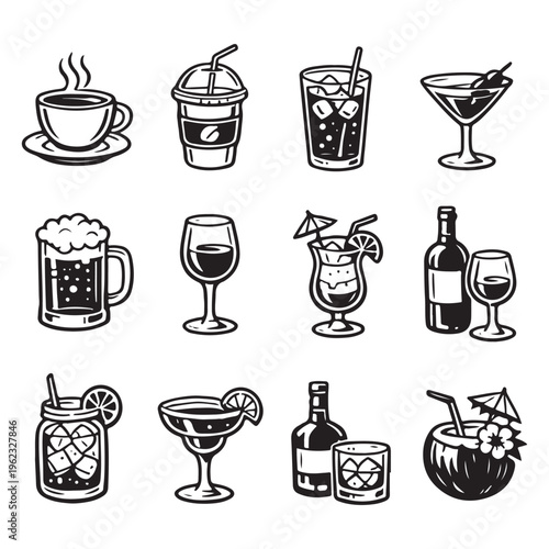 Monochrome Drink Line Art Icon Set – Minimal Beverage Vector Collection