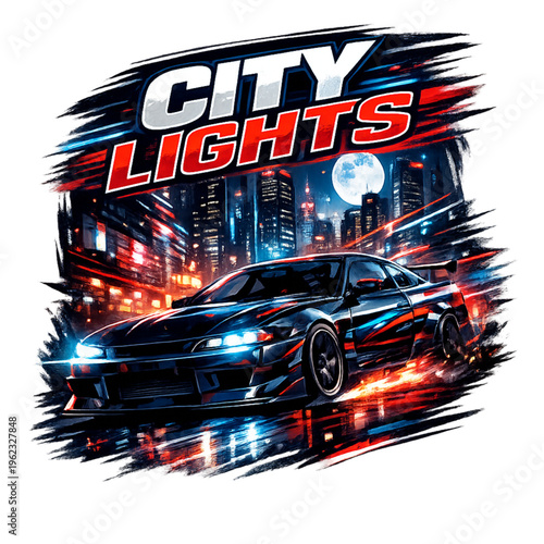 city lights fast car, streetwear aesthetic, urban night racing vibe, neon cityscape design, high speed car illustration, street racing culture, modern streetwear graphic, glowing city lights, motion b