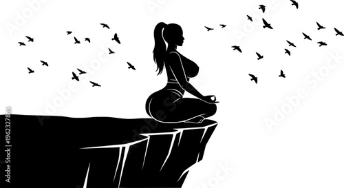 Minimalist black silhouette of a woman meditating on a mountain cliff with flying birds, concept of freedom, peace, and mindfulness vector isolated on white.