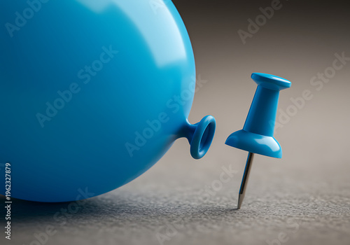 Blue balloon about to pop from thumbtack on gray surface closeup