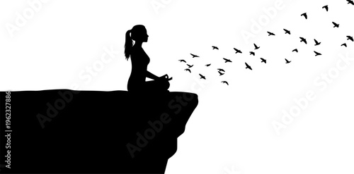 Minimalist black silhouette of a woman meditating on a mountain cliff with flying birds, concept of freedom, peace, and mindfulness vector isolated on white.