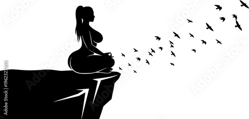 Minimalist black silhouette of a woman meditating on a mountain cliff with flying birds, concept of freedom, peace, and mindfulness vector isolated on white.