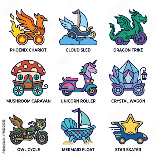 Colorful fantasy vehicles for kids.